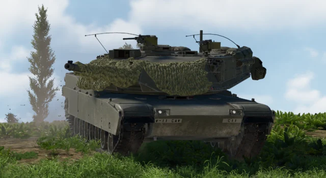 An M1 Abrams with a camo shroud over its turret cheeks and barrel cresting a hill to engage its targets in Gunner Heat PC