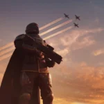 Helldivers 2 Eagle Stratagems flying over a Helldiver