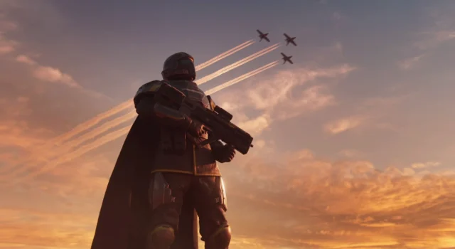 Helldivers 2 Eagle Stratagems flying over a Helldiver