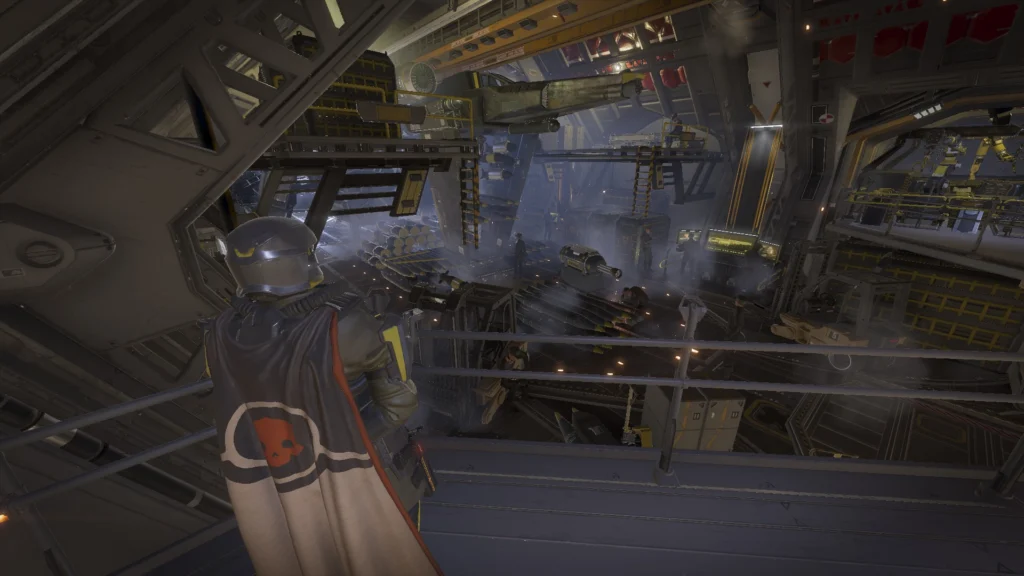 The Famous Helldivers 2 Eagle Stratagems 2 The weaponry of the Helldivers 2 Eagle stratagems being shown in the hangar of a Super Destroyer