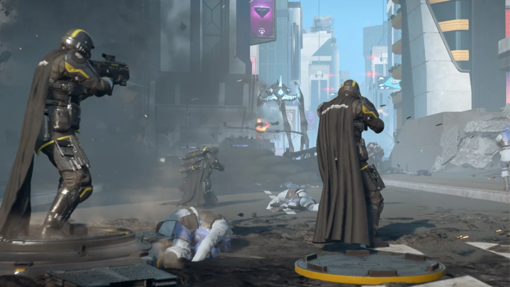 The Pathetic Helldivers 2 Illuminate Weaknesses And How To Exploit Them 2 Three Helldivers engaging a distant Illuminate Harvester surrounded by SEAF corpses