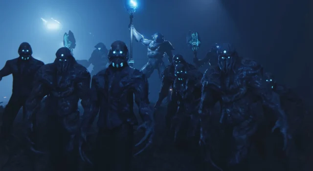 Three Illuminate Overseers standing behind a horde of Voteless, ready for the Helldivers to find out what the Helldivers 2 Illuminate weaknesses are