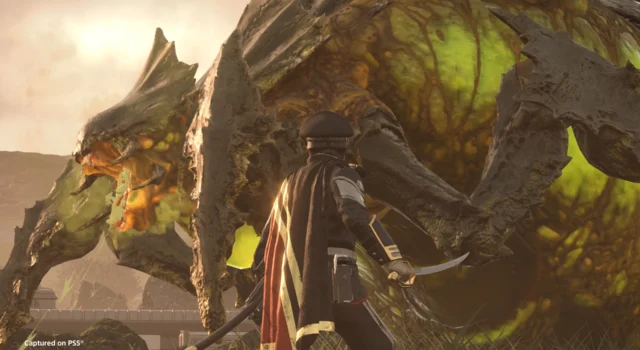 A lone Helldiver preparing to take on a Bile Spewer in melee combat with their Saber