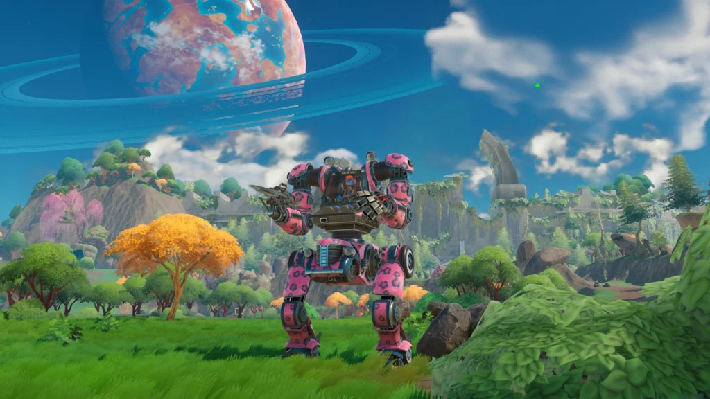 The Lightyear Frontier Greater Cause Update Arrives With A Major Change 2 A mech with pink flowery decor on its body standing out in a field