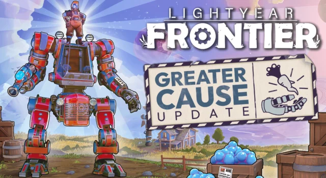 The cover of the Lightyear Frontier Greater Cause update featuring an Exofarmer standing atop their mech