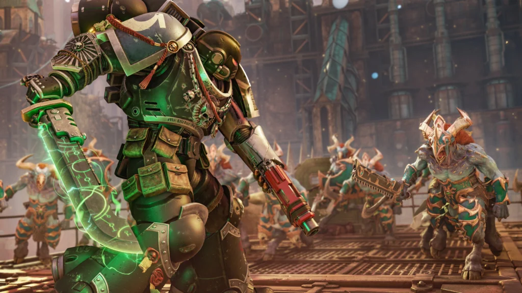 The Emperor Has Gifted The Amazing Space Marine 2 Anniversary Update To The Imperium 2 A Space Marine using the Heroic version of the Power Sword against Tzeentch forces in the Space Marine 2 anniversary update