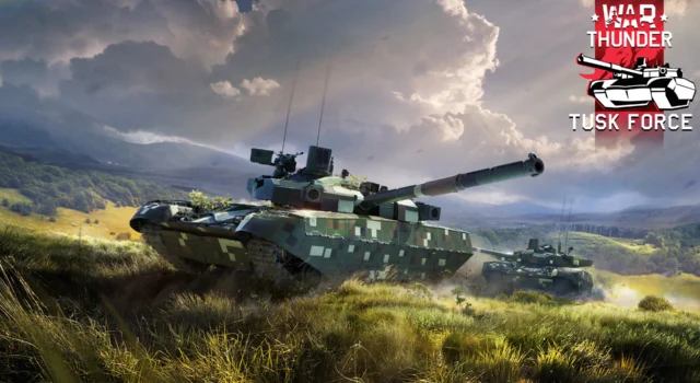 The cover of the War Thunder Tusk Force update featuring two BM Oplot-T tanks in a field