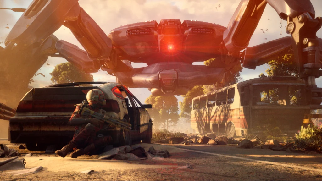Get Ready For The Riveting ARC Raiders Server Slam On October 17, 2025 2 A human character taking cover behind a car as a giant machine that you'll see in the ARC Raiders Server Slam advances on their position
