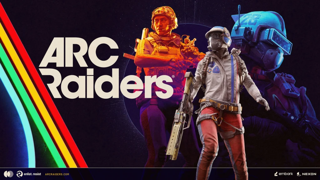 The cover art for ARC Raiders featuring three human characters standing next to the name of the game