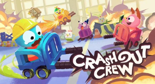 The cover art of Crashout Crew featuring the in-game characters crashing their forklifts into eachother
