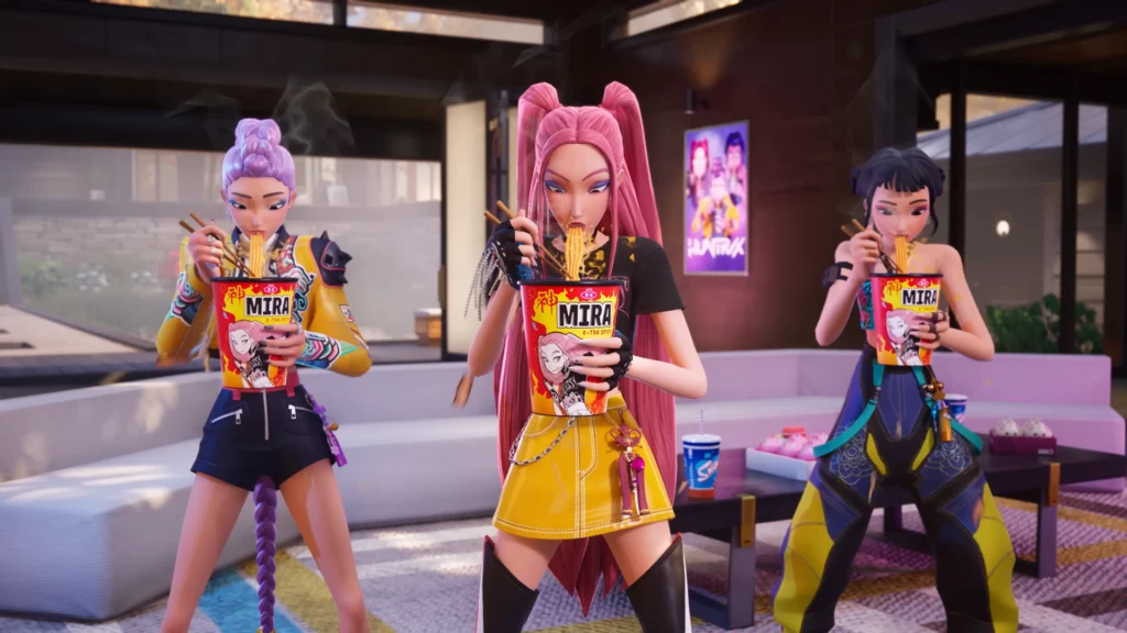 The Surprising Fortnite KPop Demon Hunters Collaboration 2 The HUNTR/X trio eating their favorite Ramyeon next to each other