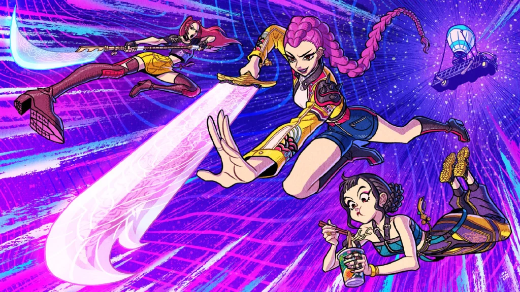 The Surprising Fortnite KPop Demon Hunters Collaboration 3 Menu art featuring the HUNTR/X girls diving from the Battle Bus