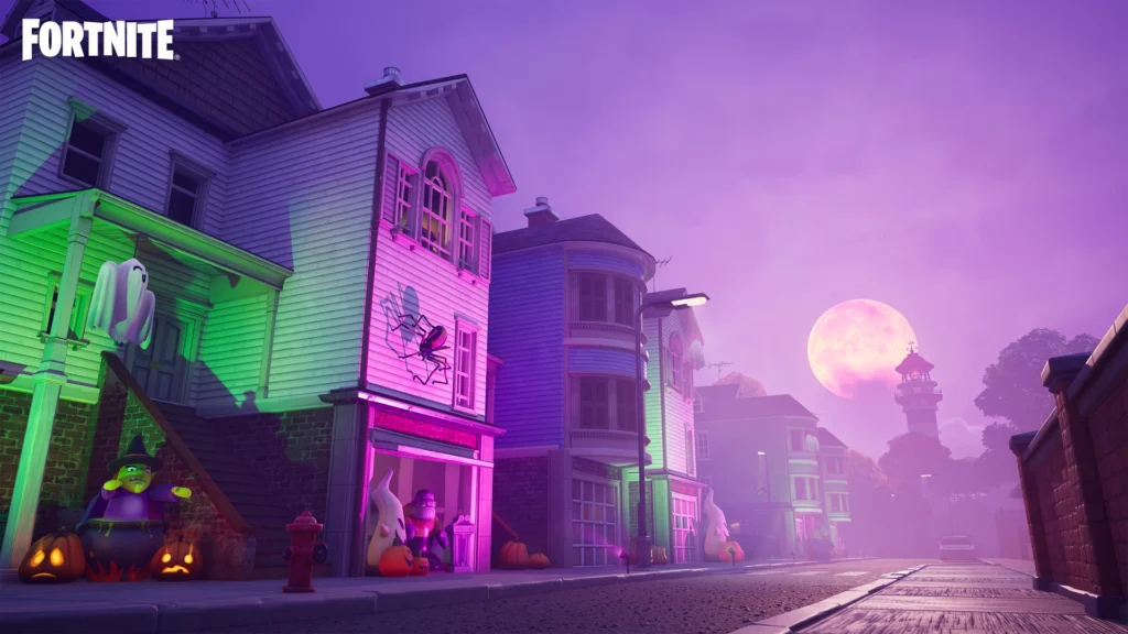 What Are The Spooky Fortnitemares Collaborations In 2025? 2 A location in the Nightmare Island map featuring suburban houses with Halloween decor