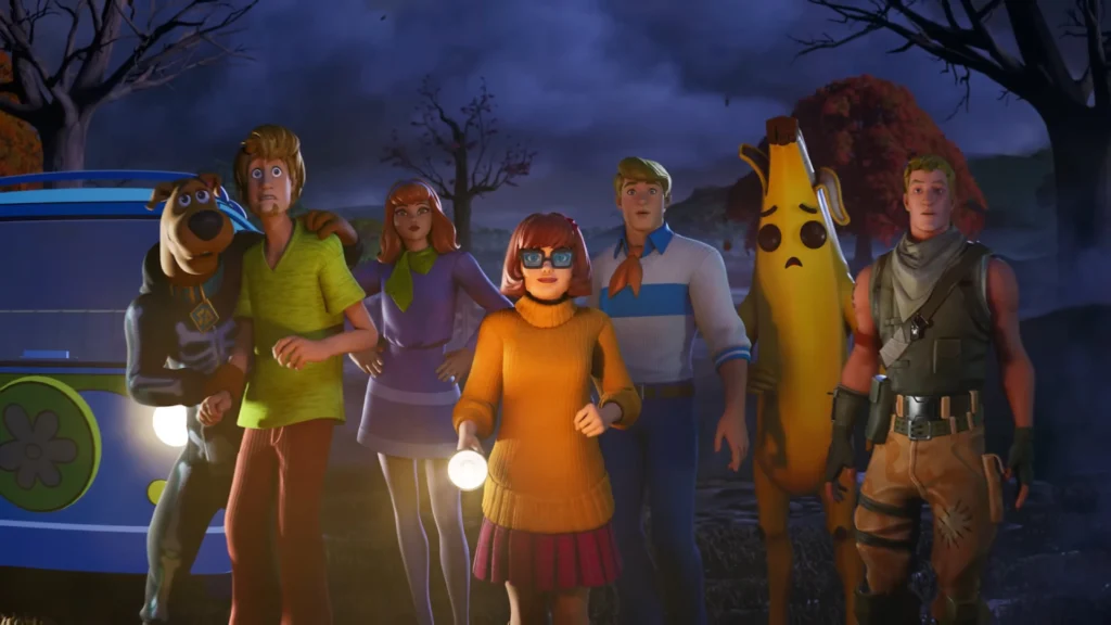 What Are The Spooky Fortnitemares Collaborations In 2025? 3 The entire Scooby gang standing in front of the Mystery Machine alongside two other Peely and Jonesy