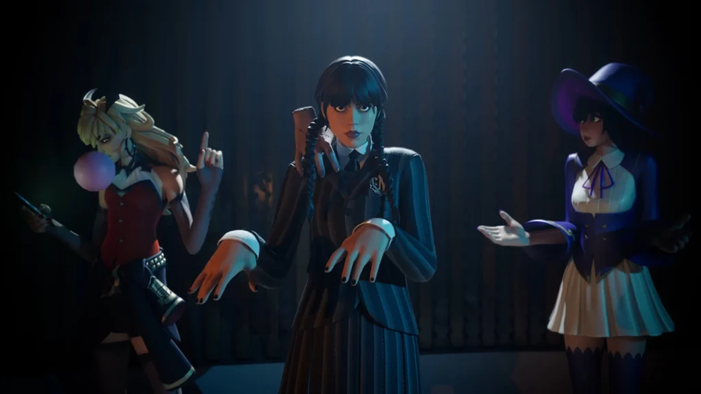 What Are The Spooky Fortnitemares Collaborations In 2025? 10 Wednesday standing in between two other characters doing her prom dance