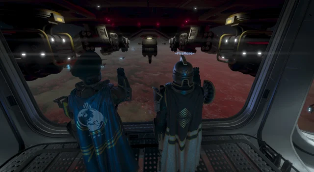 Two Helldivers standing in the bridge of their Super Destroyer and saluting the ship's cannons