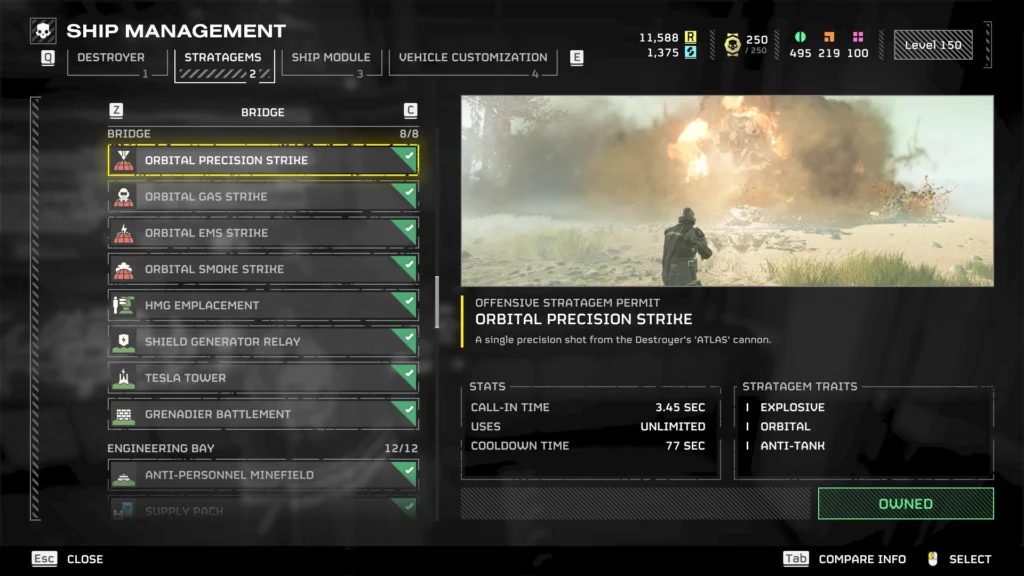 The Powerful Helldivers 2 Orbital Strikes And Their Uses 2 The in-game list of stratagems with some of the Helldivers 2 Orbital Strikes visible