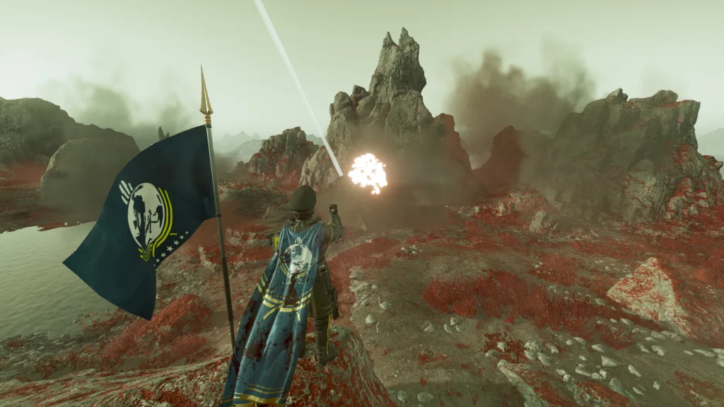 The Powerful Helldivers 2 Orbital Strikes And Their Uses 3 A Helldiver saluting as a target gets hit by one of the Helldivers 2 Orbital Strikes