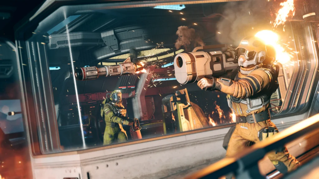 What's Coming With The Appealing First Jump Space Content Update 3 A player inside the ship watching a player outside of the ship firing a missile