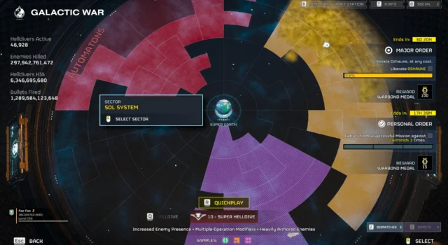The Galactic War table seen in Helldivers 2 featuring three of the enemy factions