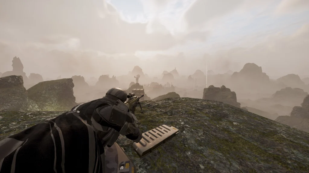 A Helldiver in an overwatch position overlooking an Automaton outpost with an antimaterial rifle trying their best to be stealthy like the recent Redacted Regiment Warbond leaks