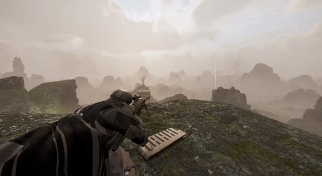 A Helldiver in an overwatch position overlooking an Automaton outpost with an antimaterial rifle trying their best to be stealthy like the recent Redacted Regiment Warbond leaks