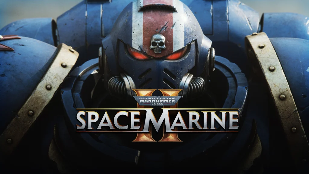 The cover for Space Marine 2 featuring a close up of an Ultramarine staring at the camera with title of the game near the middle of the screen