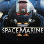 The cover for Space Marine 2 featuring a close up of an Ultramarine staring at the camera with title of the game near the middle of the screen