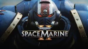 The cover for Space Marine 2 featuring a close up of an Ultramarine staring at the camera with title of the game near the middle of the screen
