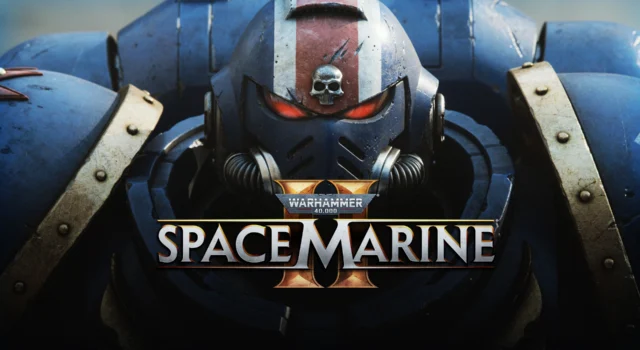 The cover for Space Marine 2 featuring a close up of an Ultramarine staring at the camera with title of the game near the middle of the screen