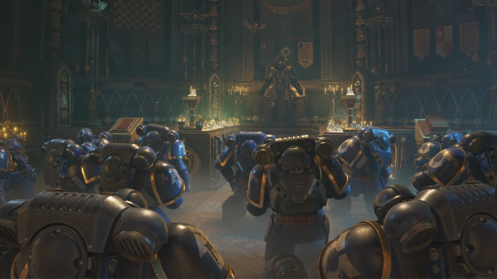The Gripping Space Marine 2 Demo Is Arriving Soon, But What's In It? 6 Ultramarines bowing down to hear the words of the chapter chaplain