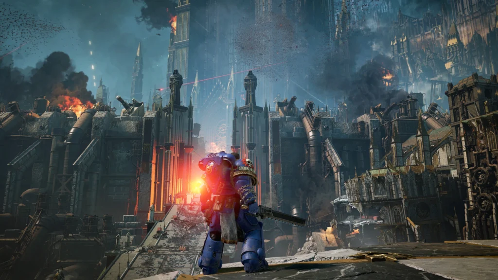 The Gripping Space Marine 2 Demo Is Arriving Soon, But What's In It? 3 A Space Marine standing on a platform overlooking a large battle in the distance