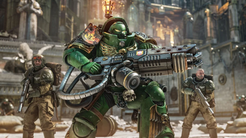 The Massive Space Marine 2 Reclamation Update Is Just A Month Away 3 A Space Marine using the upcoming cosmetics in the Salamander cosmetic pack in the Space Marine 2 Reclamation update