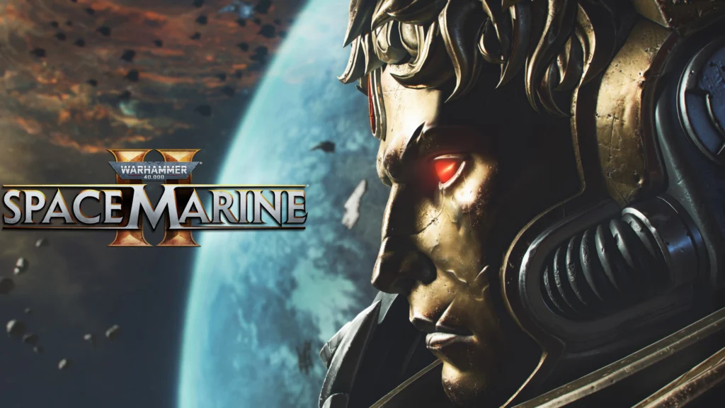 A Space Marine with a face like helmet looking to the left of the image where the title of Space Marine 2 sits