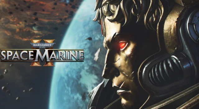 A Space Marine with a face like helmet looking to the left of the image where the title of Space Marine 2 sits