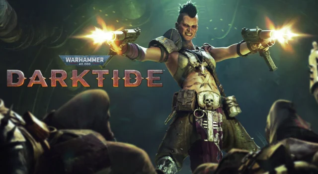 The cover of the 40K Darktide Hive Scum DLC with the Hive Scum blasting enemies with dual autopistols