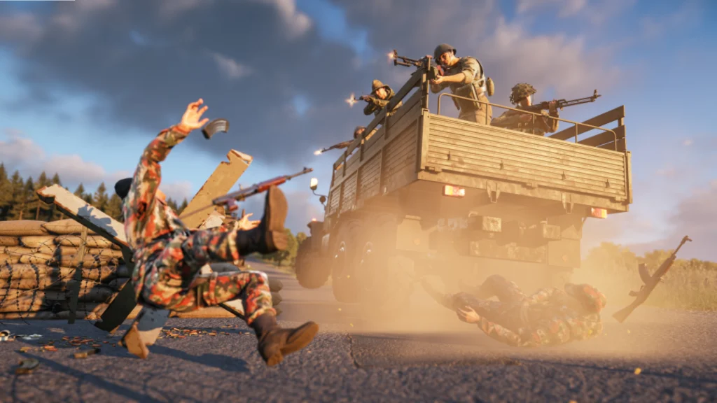 The Arma Reforger Operation Omega Update Arrives With Exciting Additions 3 Soldiers standing and firing from the back of a truck