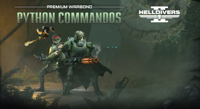 The cover of the Helldivers 2 Python Commandos Warbond, featuring two Helldivers wearing the gear from the Warbond