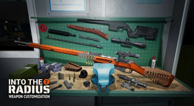 The cover of the Into the Radius 2 weapon customization update featuring a workbench with various guns and gun parts strewn about