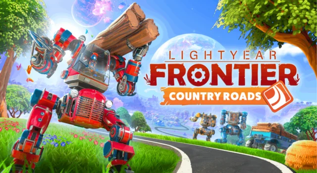 The cover of the Lightyear Frontier Country Roads update featuring a mech in front of a group of mechs reaching out to the camera while holding logs