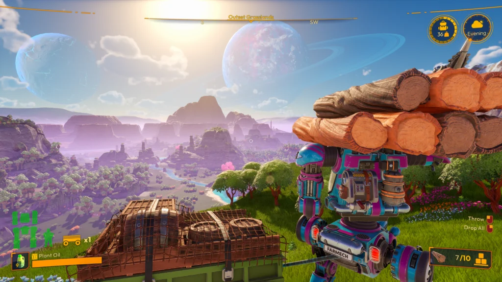 The Lightyear Frontier Country Roads Update And Its Amazing Additions 2 A mech with a wagon full of supplies and holding logs looks into the distant view