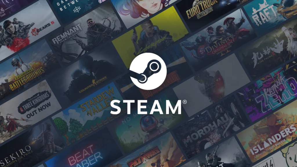 The Steam cover featuring the logo and the name below it along with a plethora of games from its catalog in the background