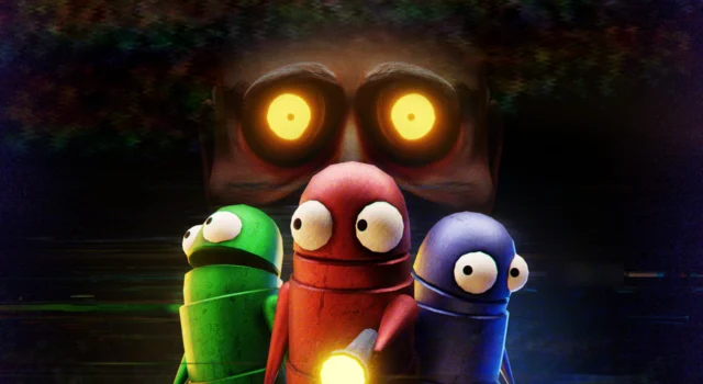 The cover for REPO featuring the Headman enemy behind three Semibot players