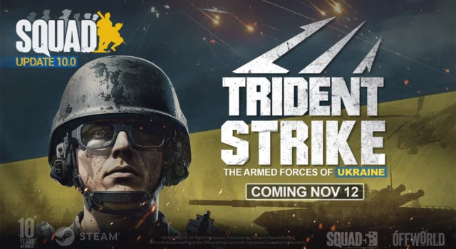 The cover for the Squad Trident Strike update featuring the Ukrainian flag in the background with the head of a soldier to the left of the update's title