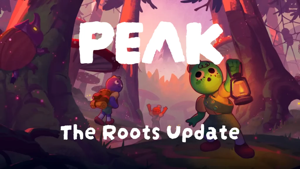 The cover art for the Peak Roots update with two player characters traversing the new biome with a zombie like threat coming their way