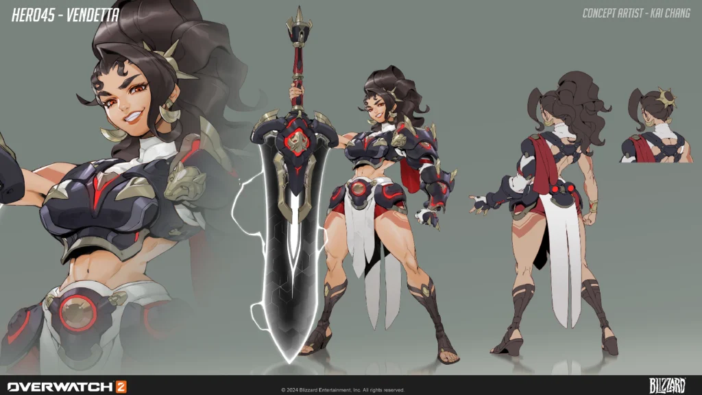 The Vicious Kit Of Vendetta In Overwatch 2 2 The concept art of Vendetta in Overwatch 2 featuring the character in several different angles