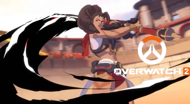 Vendetta in Overwatch 2 swinging her sword with the title of the game next to her