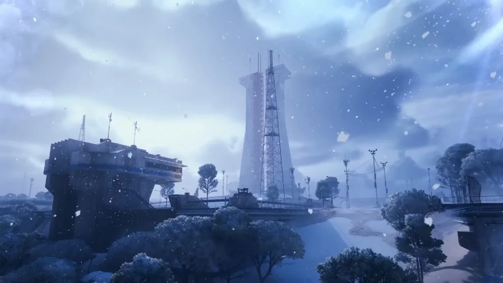 A wide shot of the Space Port map with the new Cold Snap map condition that covers the area in snow