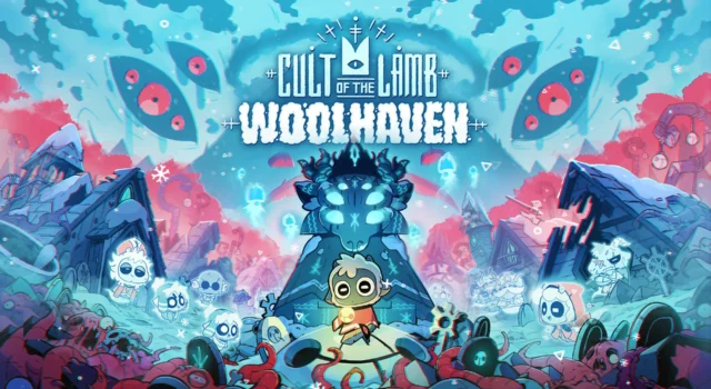 The cover of the Cult of the Lamb Woolhaven expansion featuring the main character being surrounded by ghosts and deities