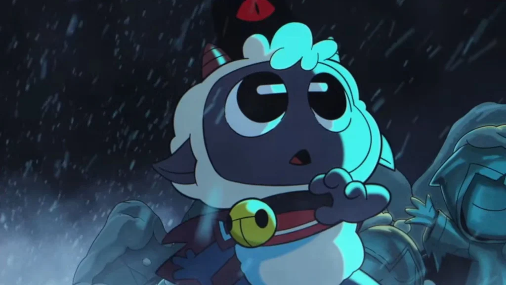 The Freezing Cult Of The Lamb Woolhaven Expansion Is Near 2 The main character of Cult of the Lamb discovering a bright blue light in a snowy tundra